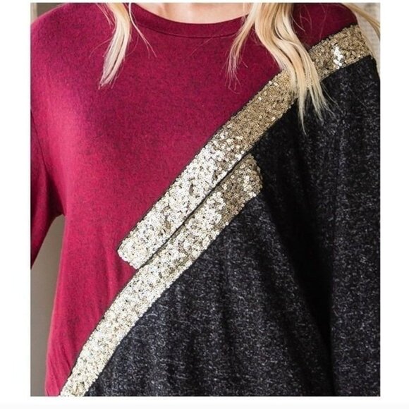 Colorblock Burgundy & Black Long Sleeve Top W/Gold Sequin Accent-NEW - Picture 3 of 8